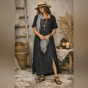 Ann Gerlin Women's Sz 12 Black Linen Maxi Dress Lined Lagenlook Slit Square Neck